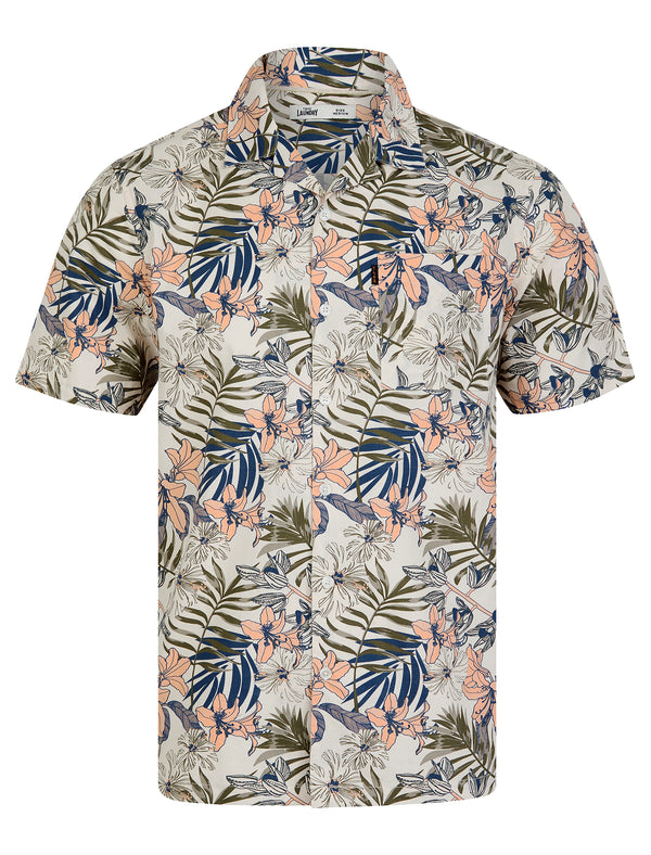 Flor Floral Print Short Sleeve Open Collar Cotton Hawaiian Shirt in White Sand - Tokyo Laundry