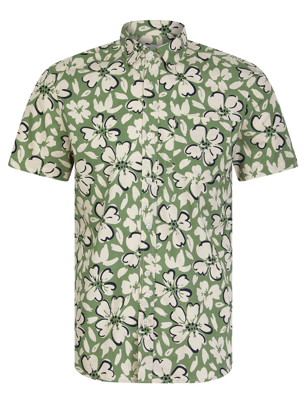 Abstracto Tropical Floral Print Short Sleeve Cotton Hawaiian Shirt in Hedge Green - Tokyo Laundry