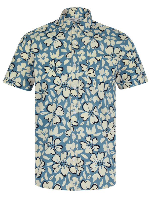 Abstracto Tropical Floral Print Short Sleeve Cotton Hawaiian Shirt in Mountain Spring - Tokyo Laundry