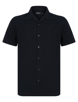 Berlio Lightweight Cotton Slub Short Sleeve Cuban Collar Summer Shirt in Sky Captain Navy - Kensington Eastside