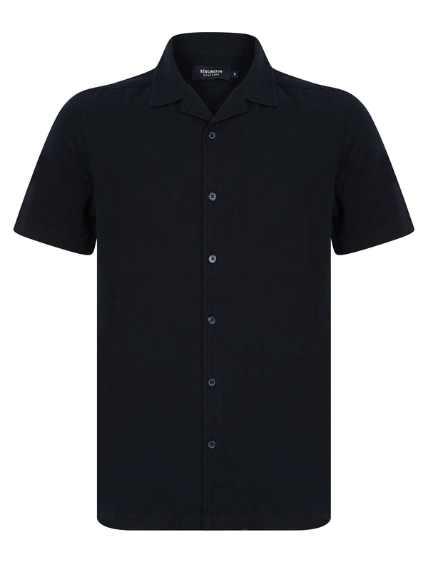 Berlio Lightweight Cotton Slub Short Sleeve Cuban Collar Summer Shirt in Sky Captain Navy - Kensington Eastside