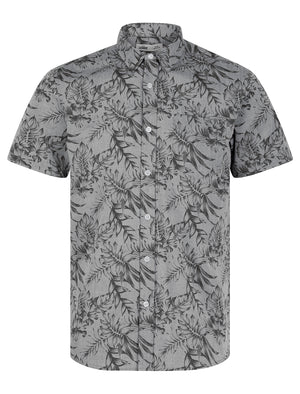 Lantana Tropical Print Short Sleeve Cotton Hawaiian Shirt in Light Grey Chambray - Tokyo Laundry