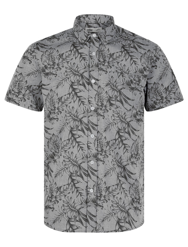 Lantana 2 Tropical Print Short Sleeve Cotton Hawaiian Shirt in Light Grey Chambray - Tokyo Laundry