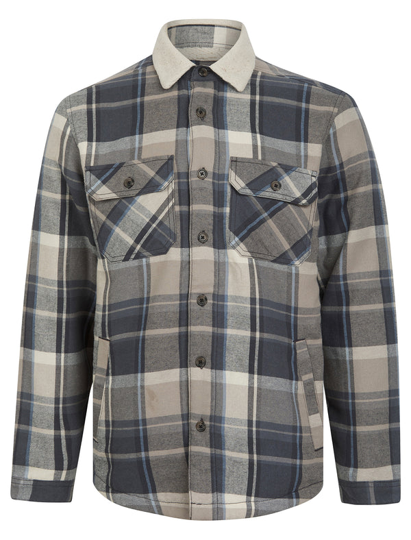 Broch Sherpa Fleece Lined Checked Flannel Cotton Overshirt Jacket in Moon Rock - Tokyo Laundry