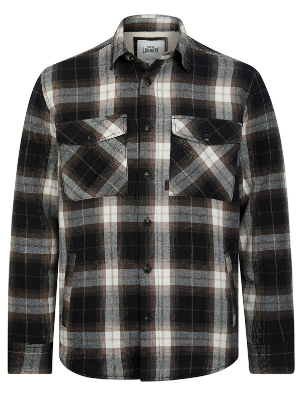 Kristoffer Sherpa Fleece Lined Cotton Flannel Checked Overshirt Jacket in Jet Black - Tokyo Laundry