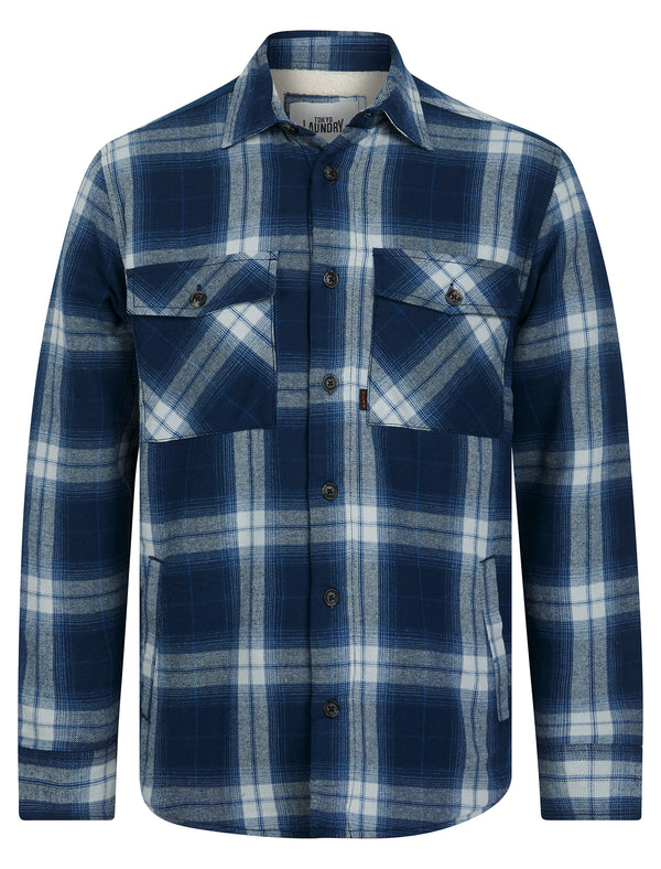 Kristoffer Sherpa Fleece Lined Cotton Flannel Checked Overshirt Jacket in Pageant Blue - Tokyo Laundry
