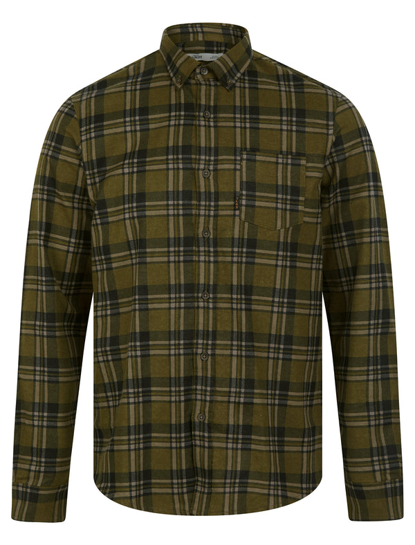 Barklem Checked Cotton Flannel Long Sleeve Shirt in Dark Olive - Tokyo Laundry