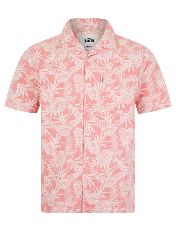Mauna Kea Tropical Floral Print Short Sleeve Open Collar Cotton Hawaiian Shirt in Coral Chambray - Tokyo Laundry