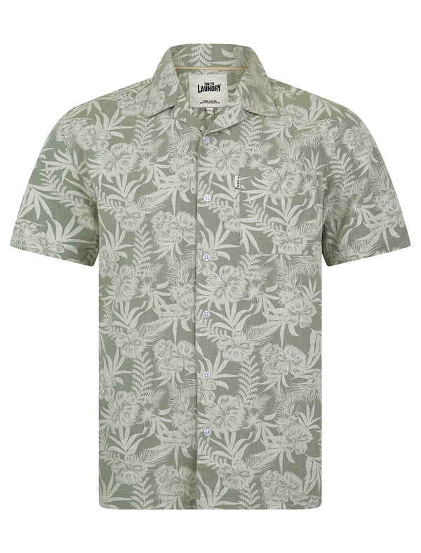 Mauna Kea Tropical Floral Print Short Sleeve Open Collar Cotton Hawaiian Shirt in Green Chambray - Tokyo Laundry