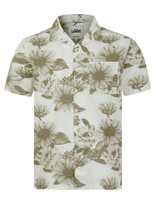Sunflowers Tropical Floral Print Short Sleeve Open Collar Cotton Hawaiian Shirt in Dessert Taupe - Tokyo Laundry