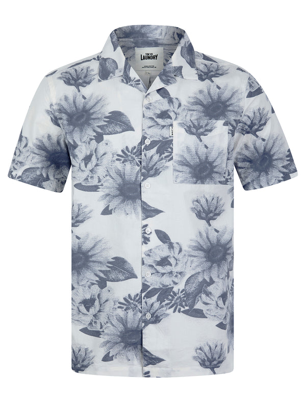 Sunflowers Tropical Floral Print Short Sleeve Open Collar Cotton Hawaiian Shirt in Medieval Blue - Tokyo Laundry