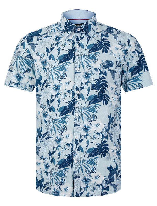 Halona Tropical Floral Print Short Sleeve Cotton Hawaiian Shirt in Angel Falls Blue - Kensington Eastside