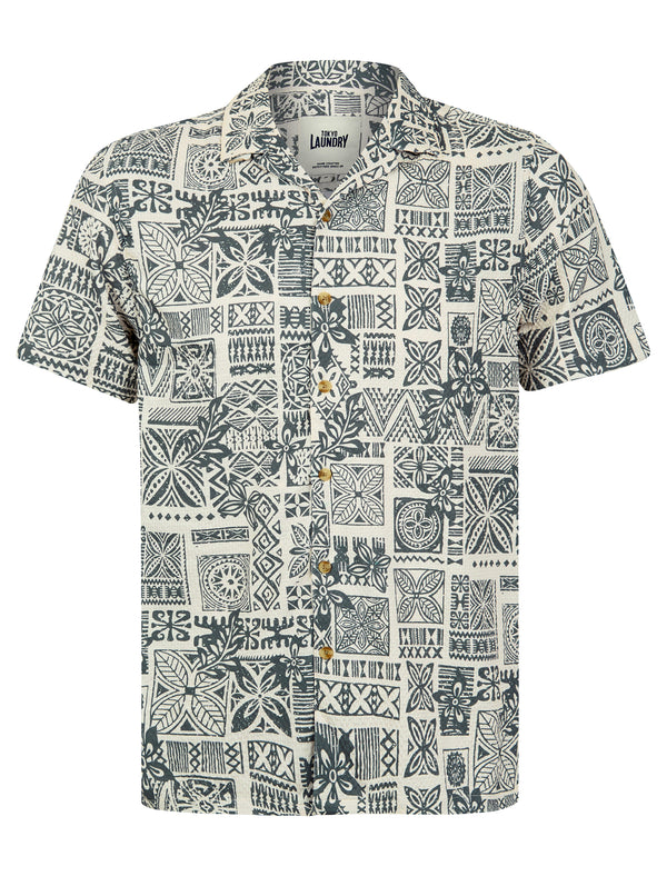 Tiki Tropical Print Short Sleeve Open Collar Stretch Fabric Hawaiian Shirt in Mulled Basil - Tokyo Laundry