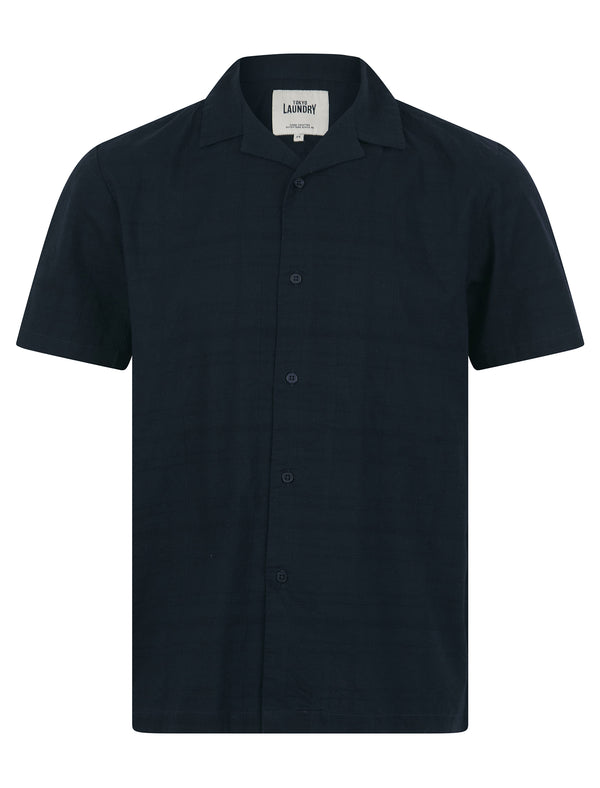 Kanaloa Lightweight Cotton Dobby Check Short Sleeve Cuban Collar Summer Shirt in Sky Captain Navy - Tokyo Laundry
