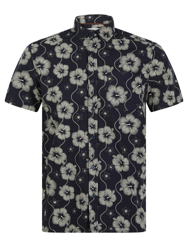Pua Kala Floral Print Short Sleeve Cotton Hawaiian Shirt in Sky Captain Navy - Tokyo Laundry