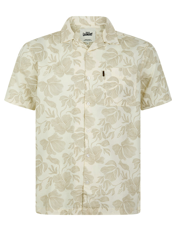 Khao Sok Tropical Floral Print Short Sleeve Open Collar Cotton Hawaiian Shirt in Gardenia - Tokyo Laundry