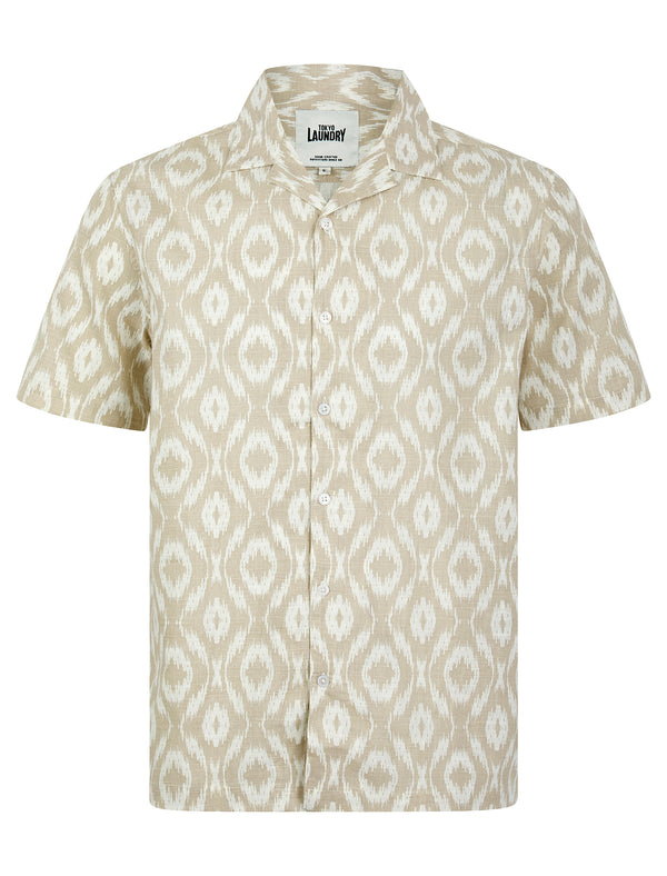 Malay Tropical Ikat Pattern Short Sleeve Open Collar Cotton Hawaiian Shirt in Peyote Gray - Tokyo Laundry