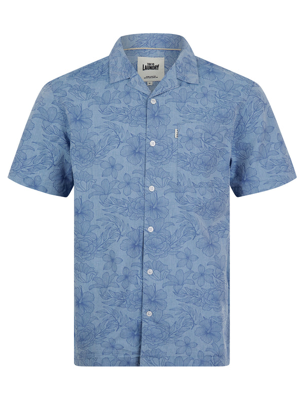 Alister Tropical Floral Print Short Sleeve Open Collar Cotton Hawaiian Shirt in Blue Chambray - Tokyo Laundry