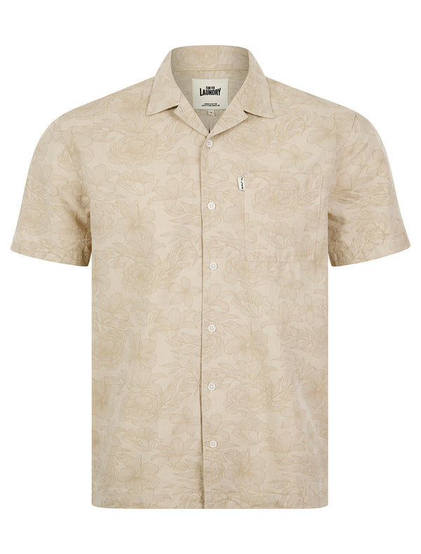 Alister Tropical Floral Print Short Sleeve Open Collar Cotton Hawaiian Shirt in Stone Chambray - Tokyo Laundry