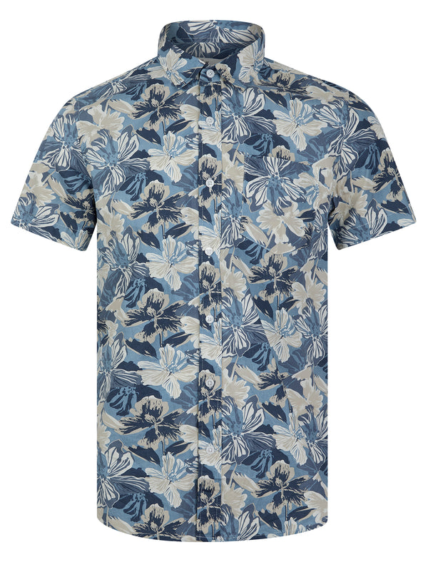 Pattaya Tropical Floral Print Short Sleeve Cotton Hawaiian Shirt in Blue Flower - Tokyo Laundry