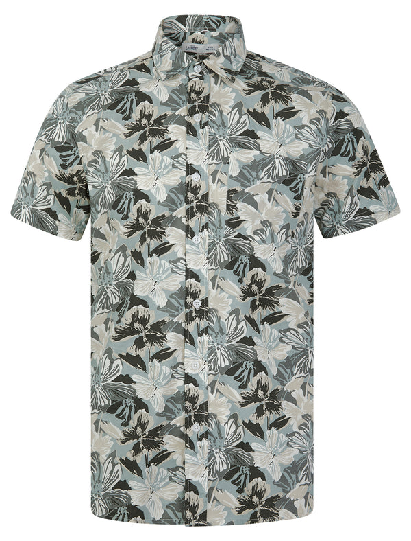 Pattaya Tropical Floral Print Short Sleeve Cotton Hawaiian Shirt in Green Flower - Tokyo Laundry
