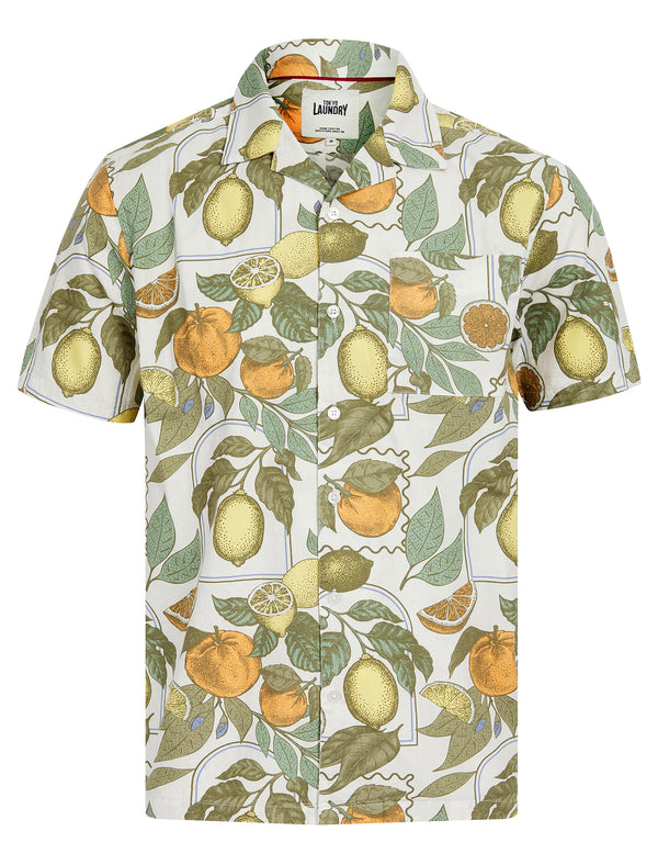 Lemon Grove Tropical Floral Print Short Sleeve Open Collar Cotton Hawaiian Shirt in Snow White - Tokyo Laundry