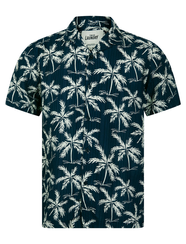 Palmz Tropical Print Short Sleeve Open Collar Crinkle Texture Hawaiian Shirt in Palm Print - Tokyo Laundry