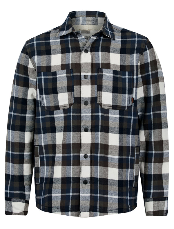 Burkett Sherpa Fleece Lined Cotton Flannel Checked Overshirt Jacket in Insignia Blue - Tokyo Laundry