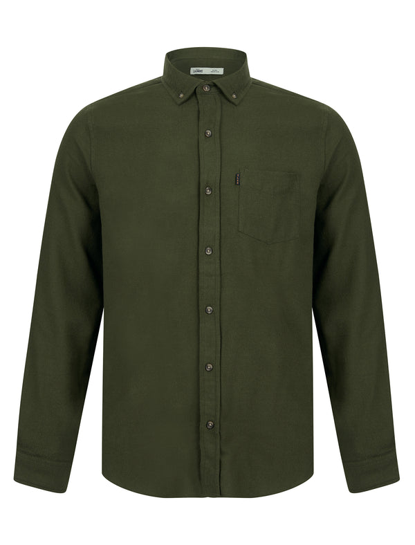 Dale Yarn Dyed Plain Colour Thick Cotton Flannel Button Down Collar Shirt in Forest Night Green - Tokyo Laundry