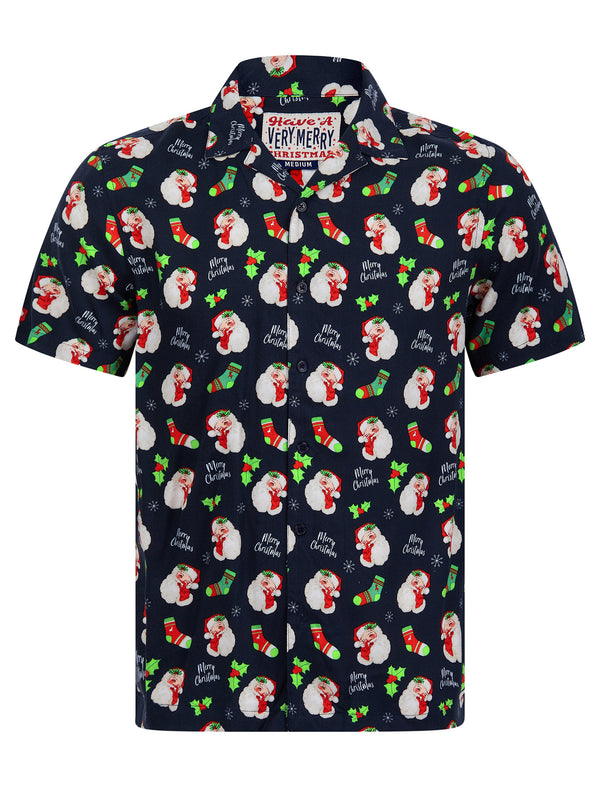 Santa Face Open Collar Novelty Print Short Sleeve Christmas Shirt in Sky Captain Navy - Merry Christmas