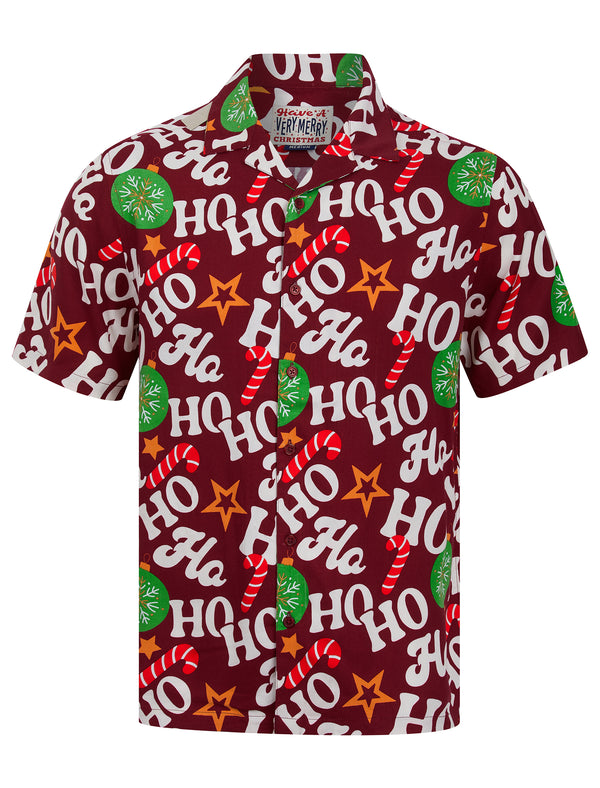 Ho Ho Ho Open Collar Novelty Print Short Sleeve Christmas Shirt in Rio Red - Merry Christmas