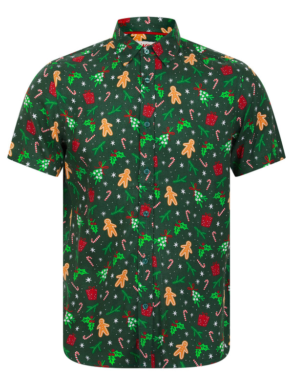 Gingerbread Classic Collar Novelty Print Short Sleeve Christmas Shirt in Dark Green - Merry Christmas