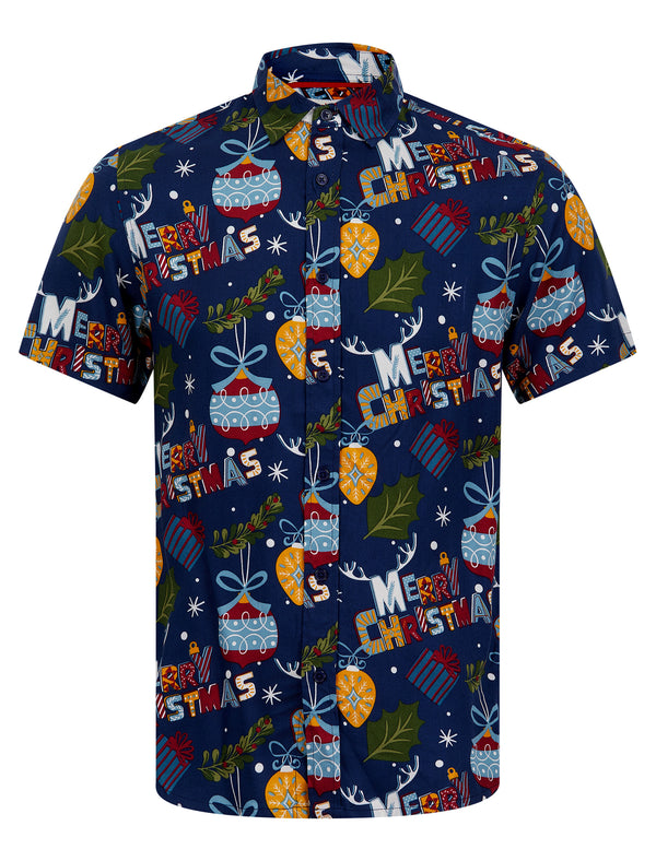 Scandi Christmas Classic Collar Novelty Print Short Sleeve Xmas Shirt in Sky Captain Navy - Merry Christmas