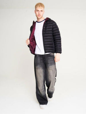 Vizzini Quilted Puffer Jacket with Hood in Jet Black / Burgundy - Tokyo Laundry