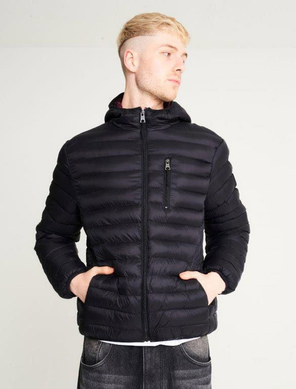 Vizzini Quilted Puffer Jacket with Hood in Jet Black / Burgundy - Tokyo Laundry