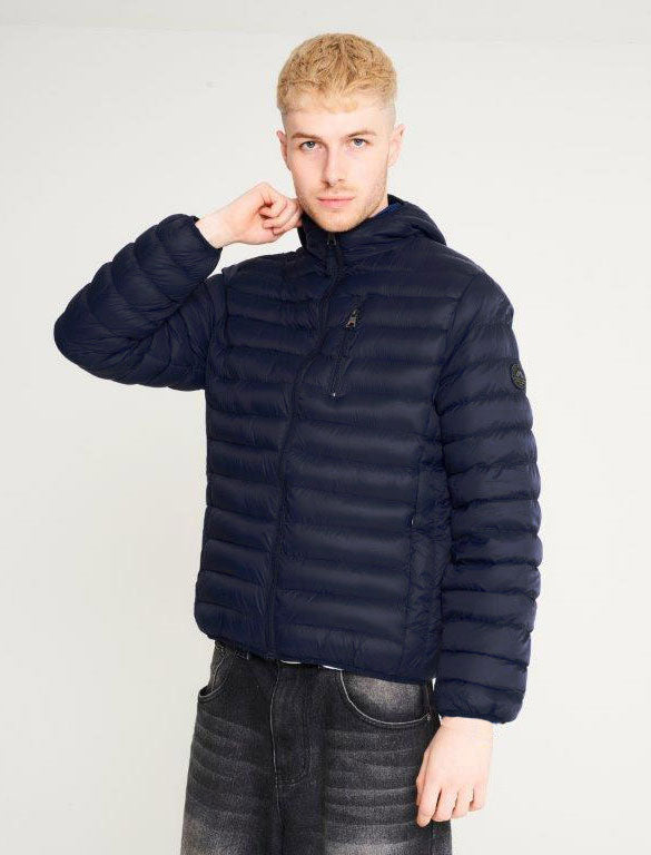Vizzini Quilted Puffer Jacket with Hood in Sky Captain Navy
