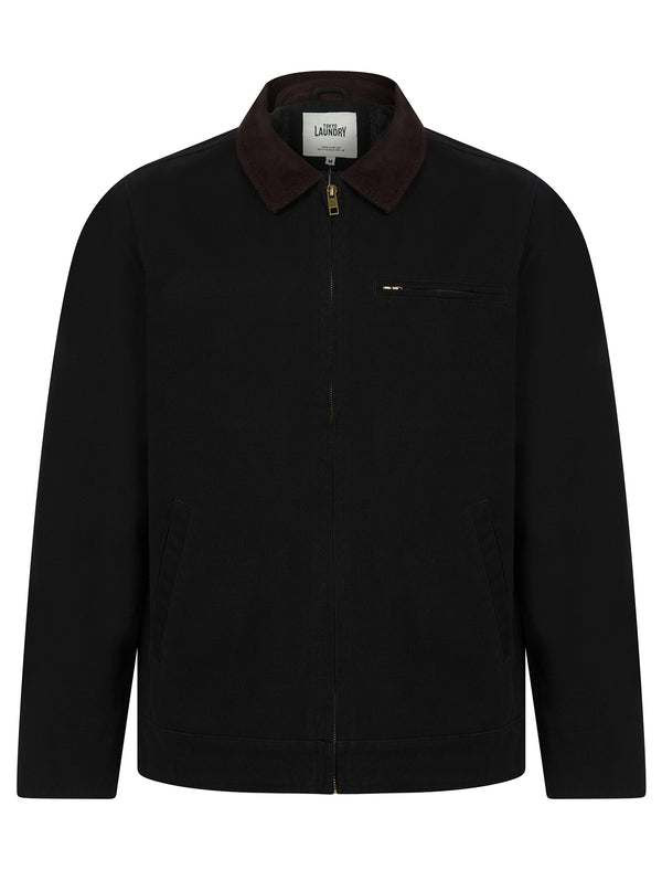 Tapko Lightly Padded Canvas Casual Harrington Bomber Jacket with Corduroy Collar in Jet Black - Tokyo Laundry