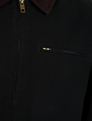 Tapko Lightly Padded Canvas Casual Harrington Bomber Jacket with Corduroy Collar in Jet Black - Tokyo Laundry