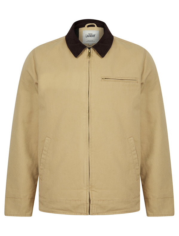 Tapko Lightly Padded Canvas Casual Harrington Bomber Jacket with Corduroy Collar in Stone - Tokyo Laundry