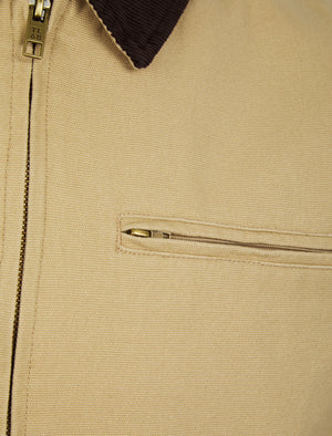 Tapko Lightly Padded Canvas Casual Harrington Bomber Jacket with Corduroy Collar in Stone - Tokyo Laundry