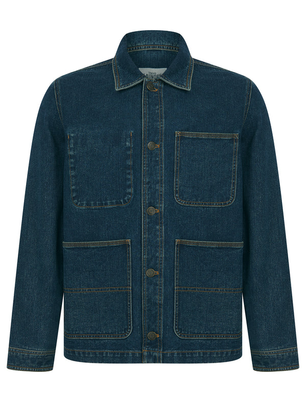 Tahsin Multi-Pocket Button Fasten Vintage Workwear Style Denim Chore Jacket in Mid Blue Wash - Tokyo Laundry