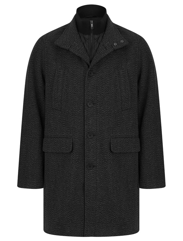 Tappen Wool Blend Herringbone Pattern Coat with Quilted Funnel Neck Insert in Charcoal - Tokyo Laundry