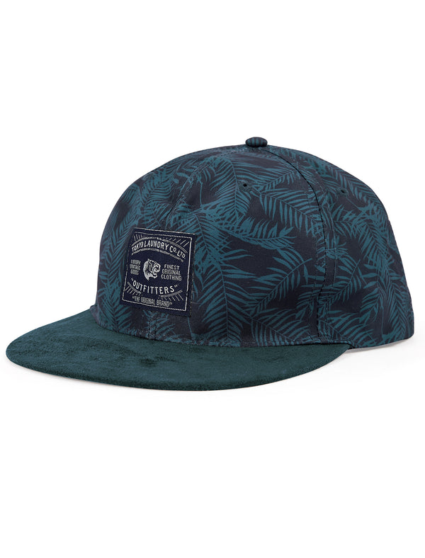 Earby Palm Print Cotton Baseball Cap with Faux Suede Peak in Navy - Tokyo Laundry