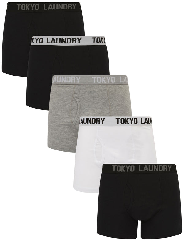 Jax (5 Pack) Cotton Boxer Shorts Set in Black / Grey / White - Tokyo Laundry