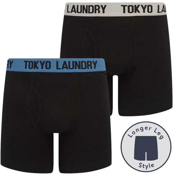 Jack (2 Pack) Long Length Boxer Shorts Set in Jet Stream White / Quiet Harbor Blue - Tokyo Laundry