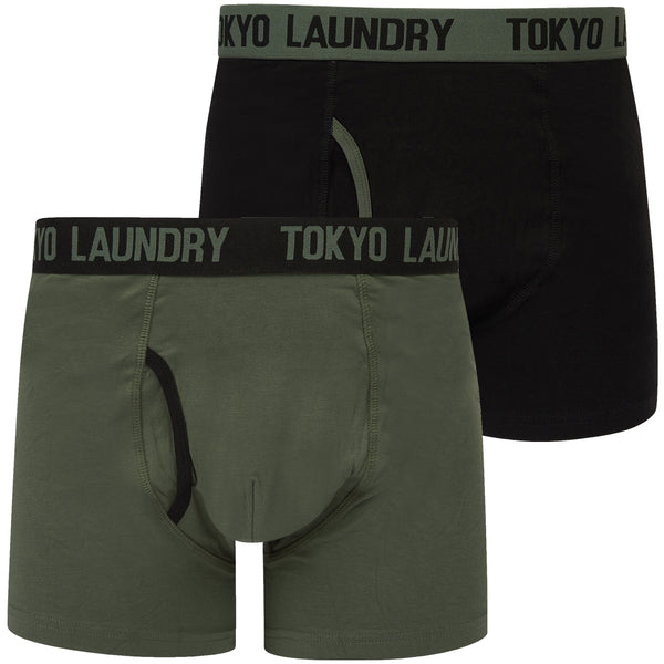 Tymon (2 Pack) Stretch Cotton Boxer Shorts Set in Jet Black / Khaki - Tokyo Laundry