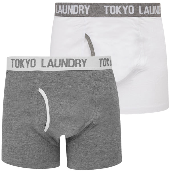 Tymon (2 Pack) Stretch Cotton Boxer Shorts Set in Mid Grey Marl / Optic White - Tokyo Laundry