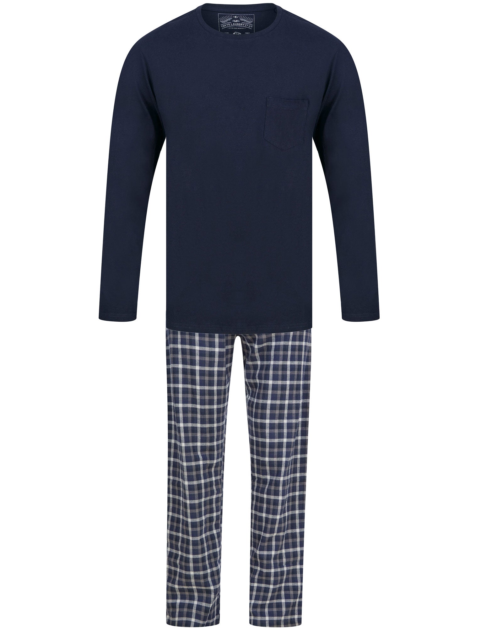 Glencoe 2pc Crew Neck Long Sleeve Cotton Checked Lounge Set in Sky