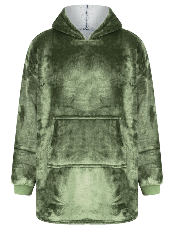 Adult Grizzly Soft Fleece Borg Lined Oversized Hooded Blanket with Pocket in Deep Lichen Green  - Tokyo Laundry