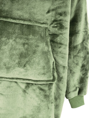 Adult Grizzly Soft Fleece Borg Lined Oversized Hooded Blanket with Pocket in Deep Lichen Green  - Tokyo Laundry